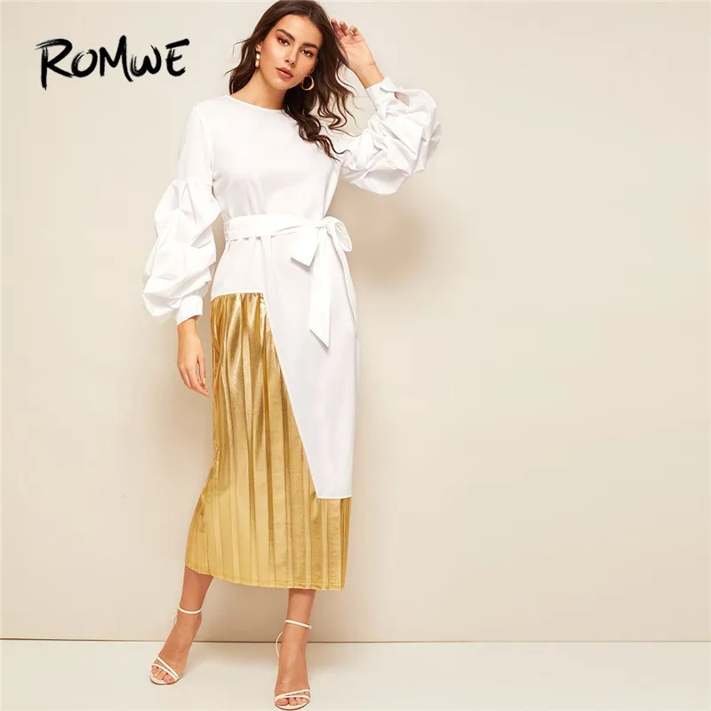 

ROMWE Lantern Long Sleeve Belted Pleated Detail Colorblock Patchwork Maxi Dress Women High Waist Straight Hem Arabian Long Dress