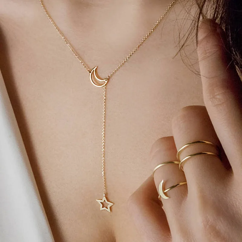 Fashion Hollow Moon Star Y-Pendant Necklace Women's Gold Silver Choker Necklace For Women Party Jewelry Archery Necklace
Fashion Hollow Moon Star Y-Pendant Necklace Women's Gold Silver Choker Necklace For Women Party Jewelry Archery Necklace