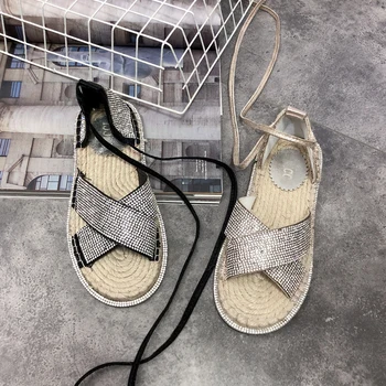 Women's rhinestones straw linen flat shoes open toe hollow foot band straps Roman sandals beach shoes 
Women's rhinestones straw linen flat shoes open toe hollow foot band straps Roman sandals beach shoes