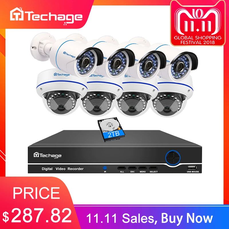 

ON Sale Techage 8CH POE CCTV System 1080P NVR 2MP Indoor Outdoor Vandalproof Dome IP Camera P2P Video Security Surveillance Set