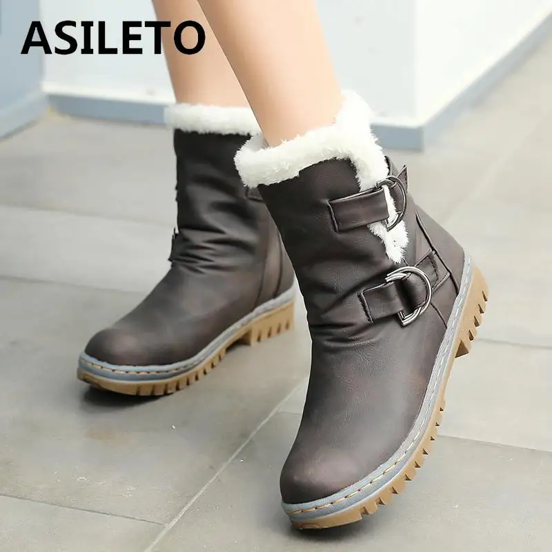 

ASILETO ankle boots waterproof women winter fur snow boots shoes buckle soft leather shoes wedges fluffy botas femininas S676