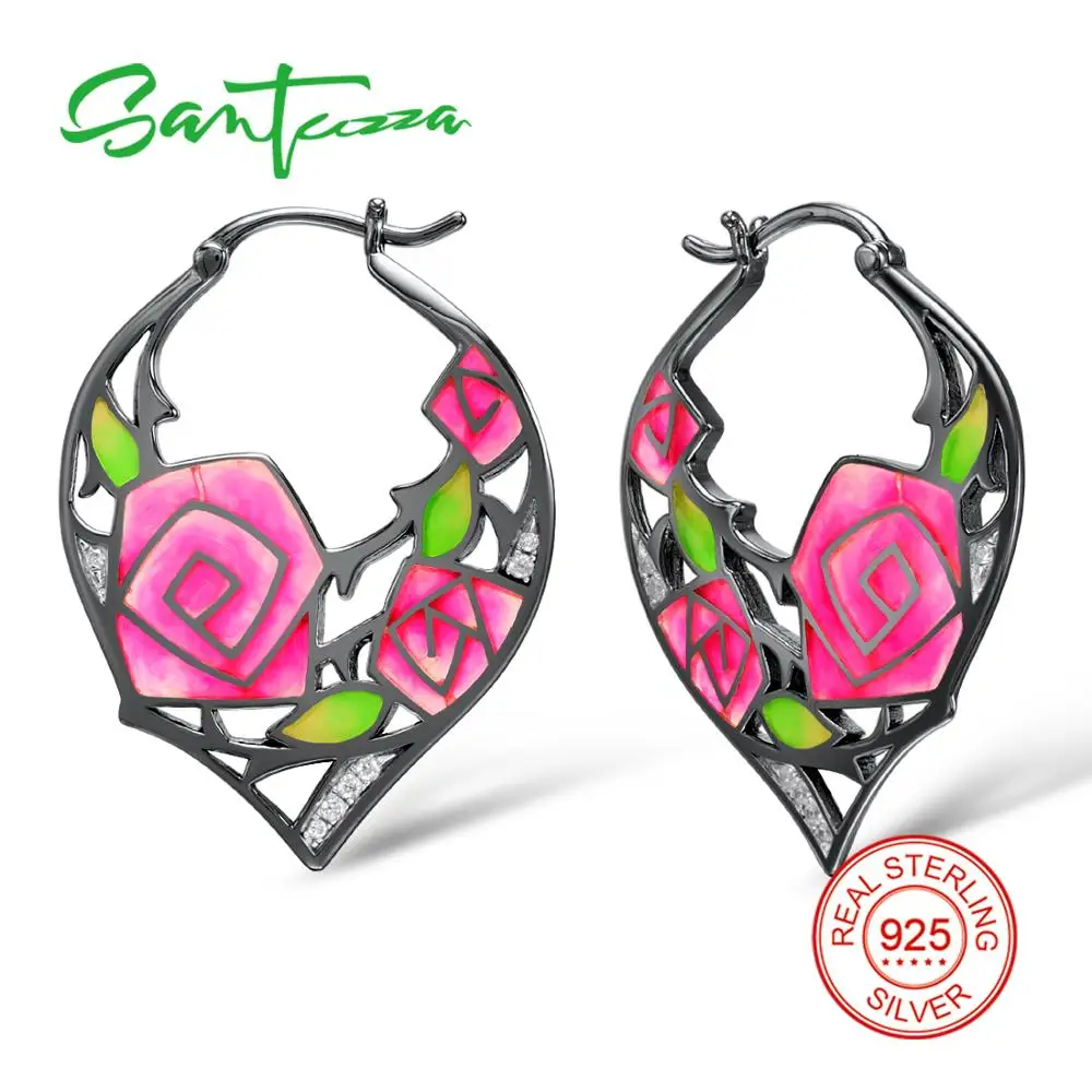 

SANTUZZA 925 Sterling Silver Earrings For Women Black Plated Rose Flower Hoop Earrings brincos Gift Fine Jewelry Handmade Enamel