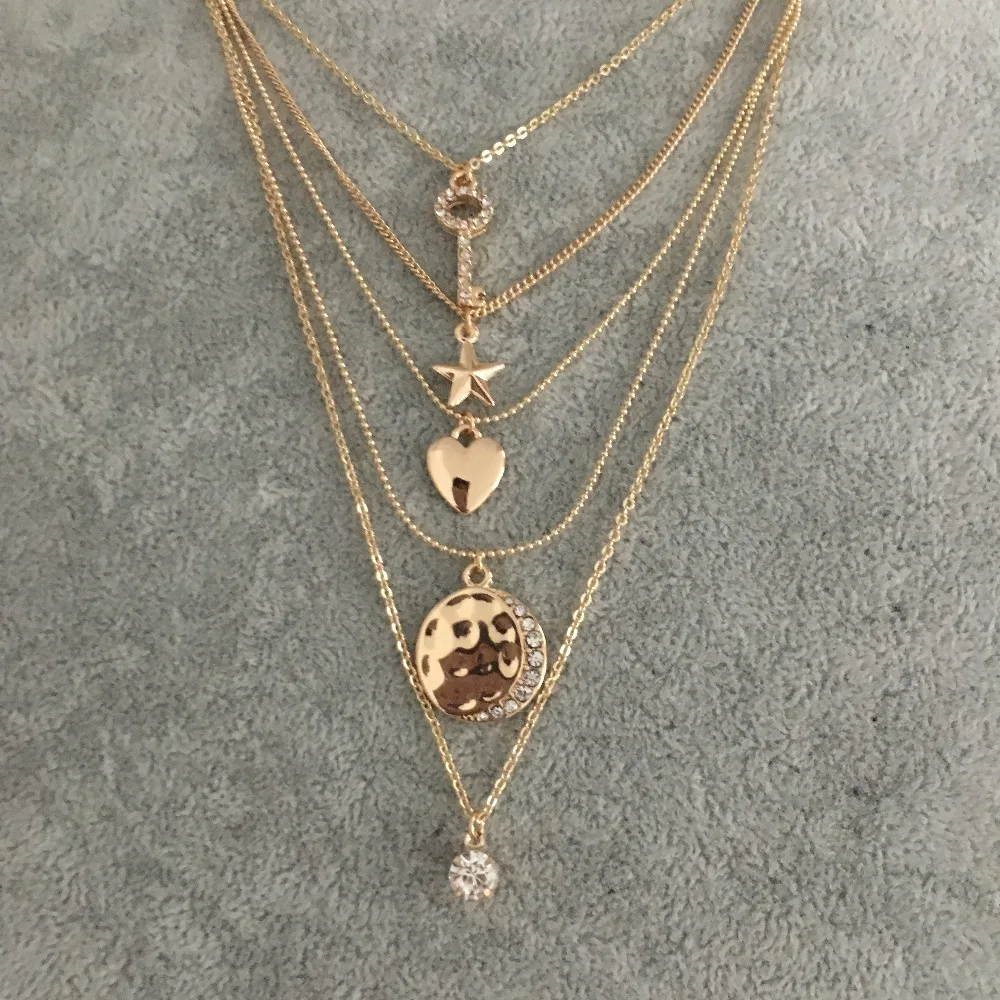 LOVELY GOLD COLOR PLATING STAR HEART MOON KEY STONE PENDANT 5ROW LAYERED NECKLACE FOR WOMAN GIRL
LOVELY GOLD COLOR PLATING STAR HEART MOON KEY STONE PENDANT 5ROW LAYERED NECKLACE FOR WOMAN GIRL