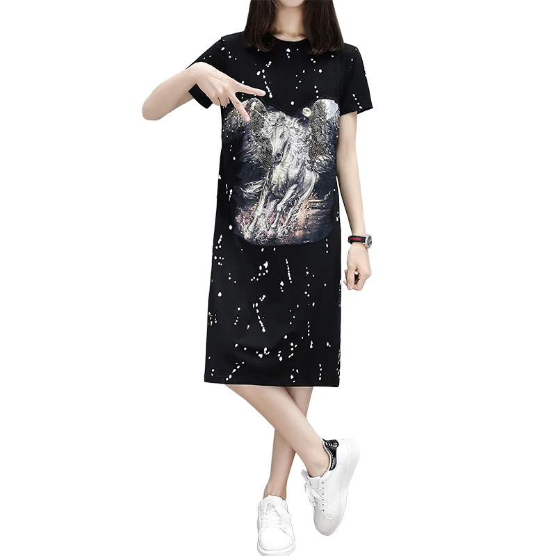 New Black Star Printing Women's Female Summer Casual Home Dress O-Neck Nightgown Sleepwear Long Bathrobe Plus Size S-XXXL AD295 | Женская