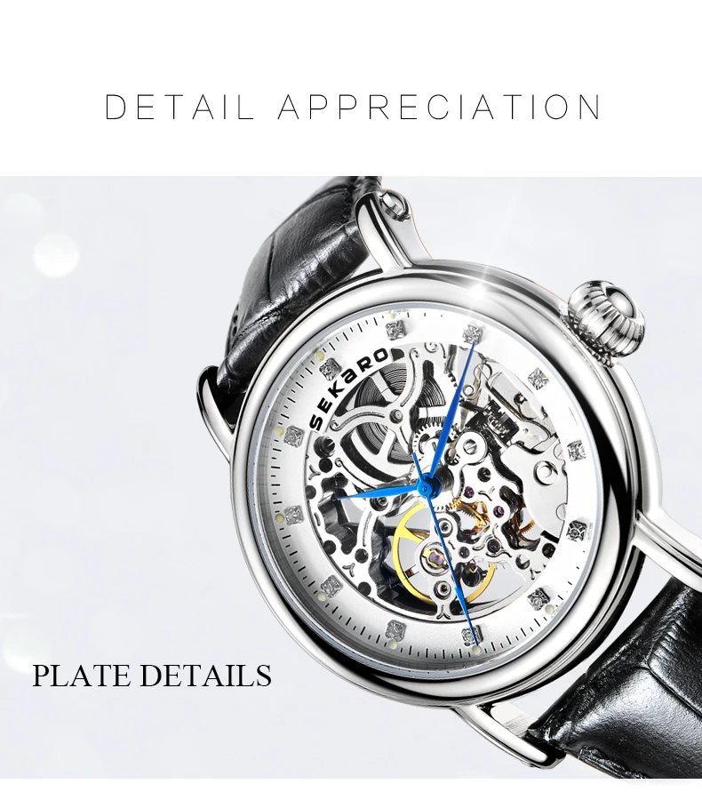 SEKARO Brand Women Mechanical Watches Diamond Ladies hand-winding Wristwatches Leather Fashion Skeleton Dial Gift for Female
