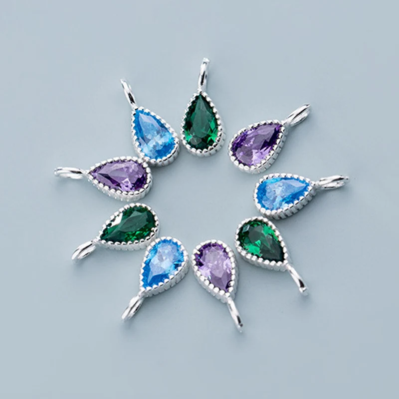 

925 Sterling Silver Water Drop Dangle Charms Purple/Green/Blue Gem S925 Silver Decoration Pendants DIY Women Jewelry Making Gift
