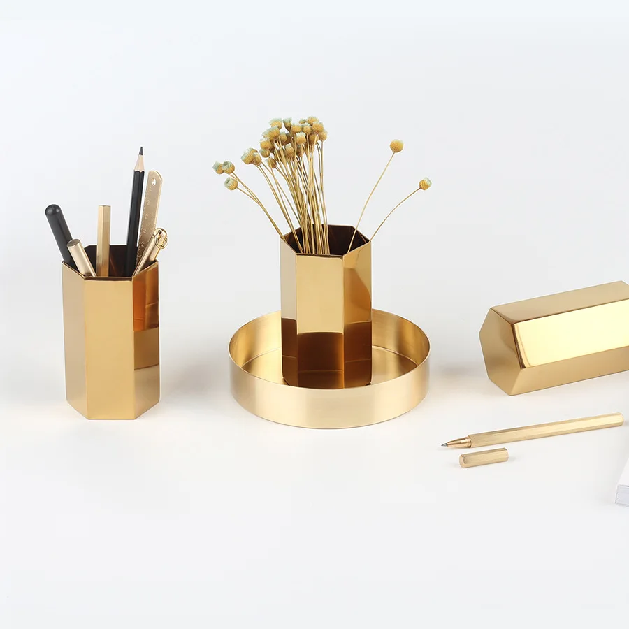 Dokibook Nordic Style Golden Brass Pen Holder Metal Pencil Holder Desk Accessories Penholder Office Decoration School Stationery