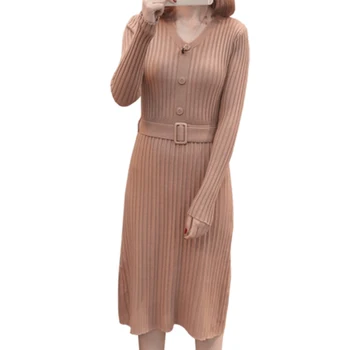 2018 New Women Autumn Winter V-Neck Long Sleeve Knitted Sweater Dress Female Solid Color Slim Long Knitting Dress with Belt F571
2018 New Women Autumn Winter V-Neck Long Sleeve Knitted Sweater Dress Female Solid Color Slim Long Knitting Dress with Belt F571