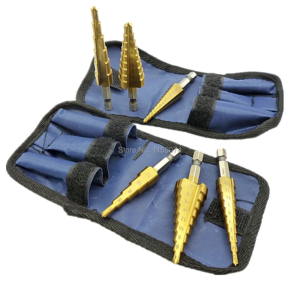 HSS Titanium Coated Step Drill Bit 1/4'' Hex Shank Cone Drill Bits W/Pouch 3-12mm 4-12mm 4-20mm 3/16"-1/2" 1/8"-1/2" 1/4"-3/4"
HSS Titanium Coated Step Drill Bit 1/4'' Hex Shank Cone Drill Bits W/Pouch 3-12mm 4-12mm 4-20mm 3/16"-1/2" 1/8"-1/2" 1/4"-3/4"
