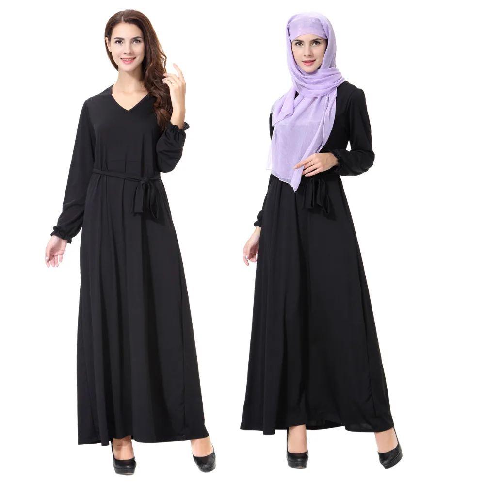 Newest Muslim fashion clothes women islamic black abaya dress ladies V-neck loose robe turkish dubai belt included | Тематическая