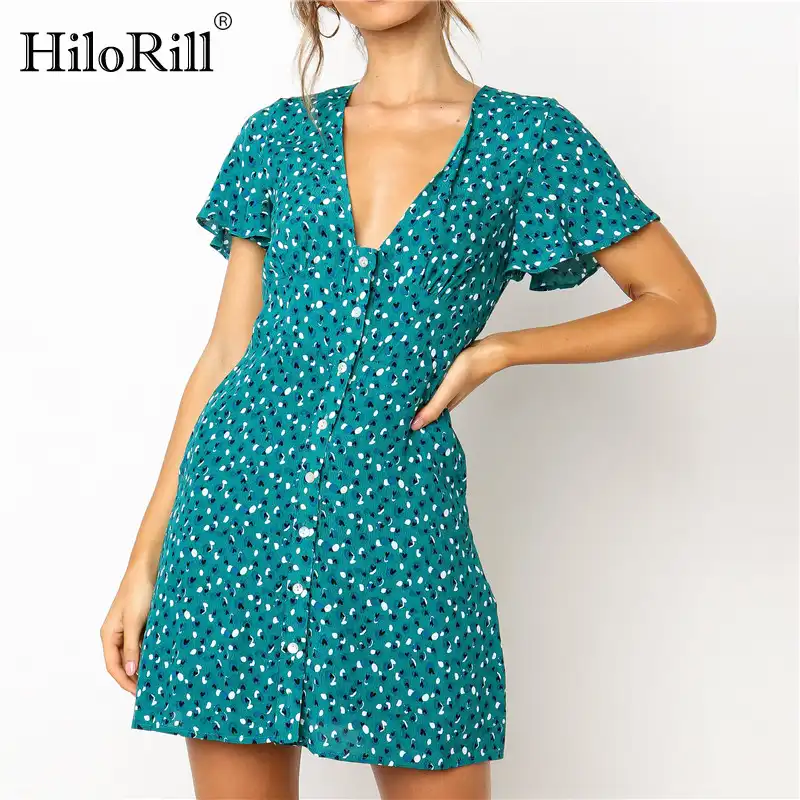 casual sexy deep v neck floral print short sleeve mini dresses