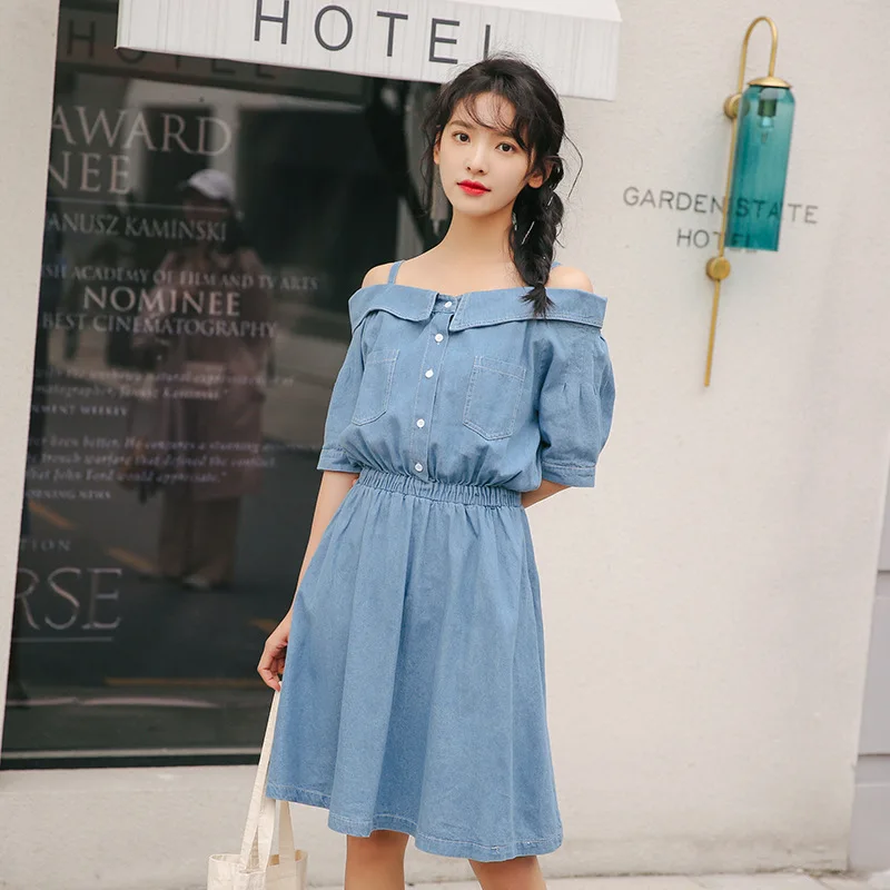 2018 Harajuku Blue Summer Slash Neck Women Jeans Dress Sexy Open Shoulder Paghetti Strap Dress Vintage femela Denim Dress Party
2018 Harajuku Blue Summer Slash Neck Women Jeans Dress Sexy Open Shoulder Paghetti Strap Dress Vintage femela Denim Dress Party