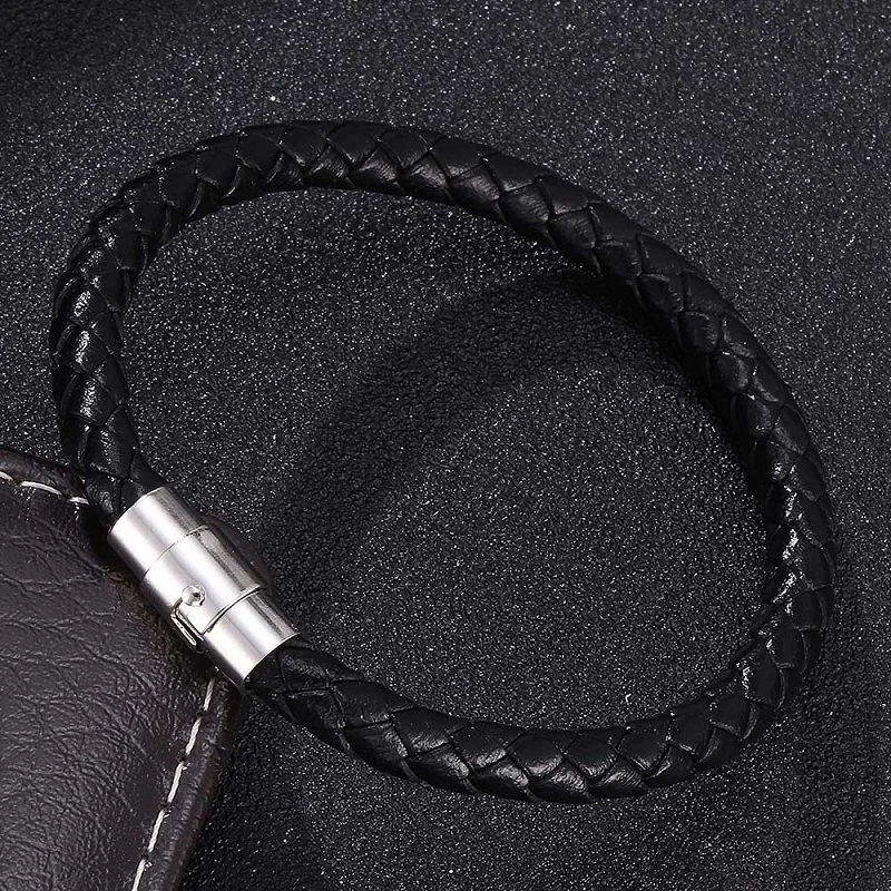 Pulsera de cuero para hombre de acero inoxidable cierre magnético marrón Rose oro negro