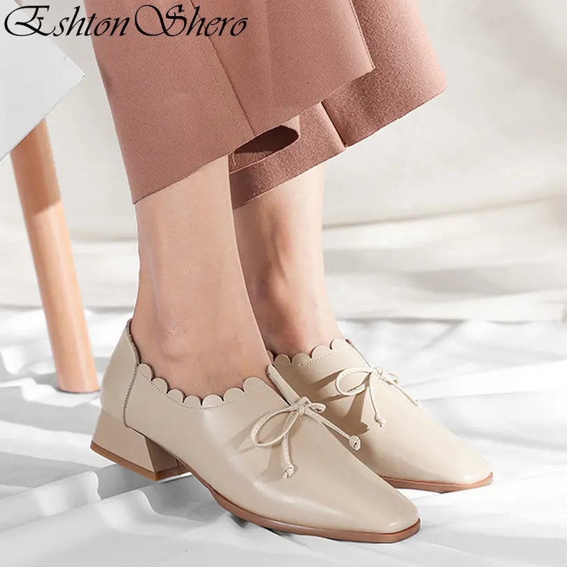 EshtonShero Spring Woman Pumps Clogs Shoe Platform Leather+PU Slip On Low Heels Lace Apricot Ladies Wedding Shoes Size 3-8 | Обувь