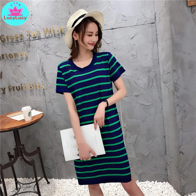 2019 summer Korean style new round neck striped long knit short sleeve female dress Knee-Length Straight Office Lady
2019 summer Korean style new round neck striped long knit short sleeve female dress Knee-Length Straight Office Lady
