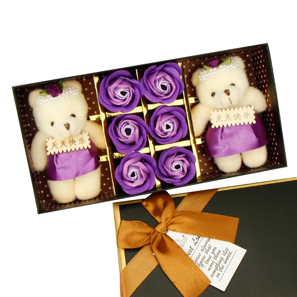 

6PCS Romantic Rose Soap Flower gift box with Plush Animal toys Bear Doll Valentines Day Mothers Day Teacher's Day Gif