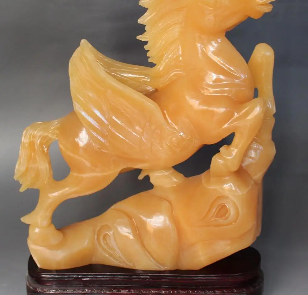 17" Chinese Natural Yellow Jade Fengshui Zodiac Year Fly Horse Animal Statue