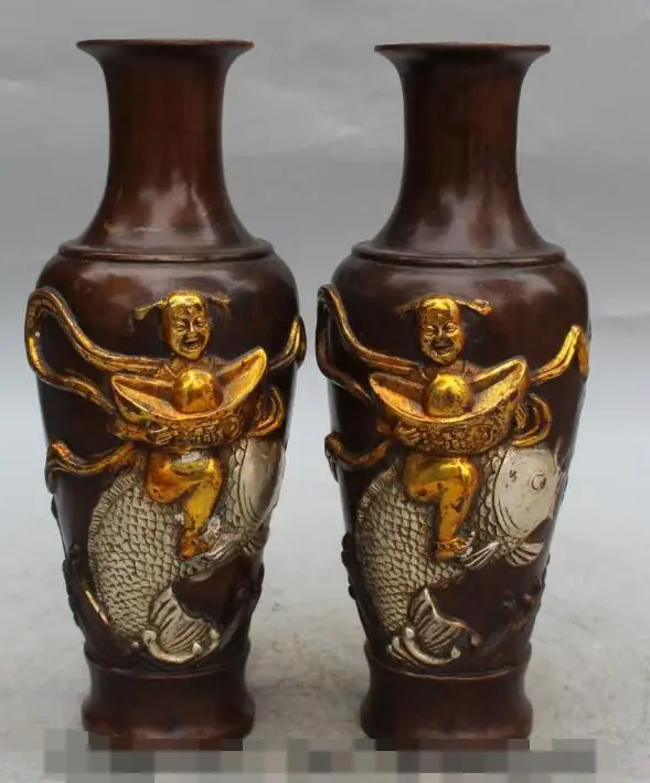 S01031 10" Marked China Bronze Gilt Silver Wealth Boy Girl Fish Vase Bottle Pair Statue B0403
S01031 10" Marked China Bronze Gilt Silver Wealth Boy Girl Fish Vase Bottle Pair Statue B0403