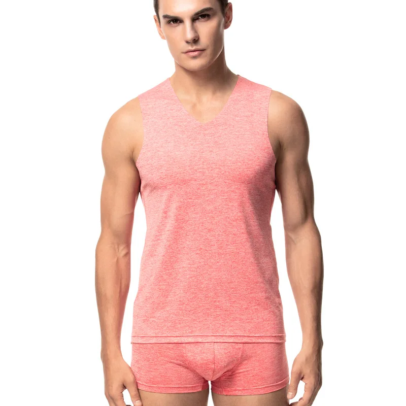 

2019 Silm Ice Silk Trackless Vest Men's Tight Wide Shoulder V-neck Solid Body Building Suit Mens Tank Tops Shirt and Pant Set