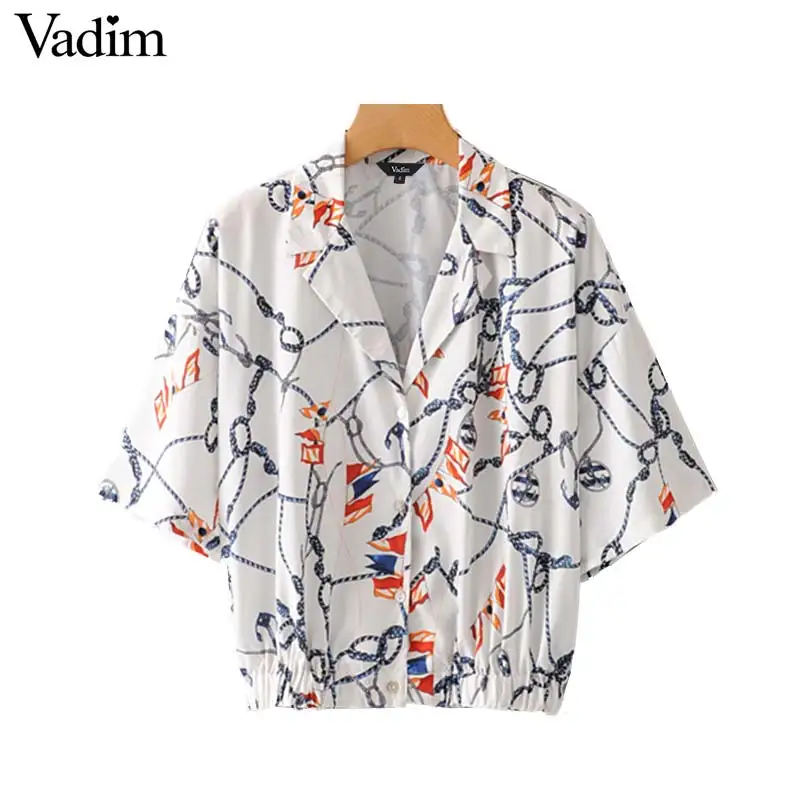 Vadim women stylish string chain print blouse short sleeve elastic waist turn down collar shirts female vintage tops DA338
Vadim women stylish string chain print blouse short sleeve elastic waist turn down collar shirts female vintage tops DA338