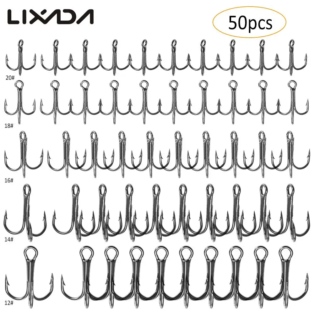 

Lixada 50pcs/lot Treble Fishing Hook Set 5 Sizes #2 #10 #12 #20 High Carbon Steel Carp Fishing Hooks Round Bent Treble Hooks