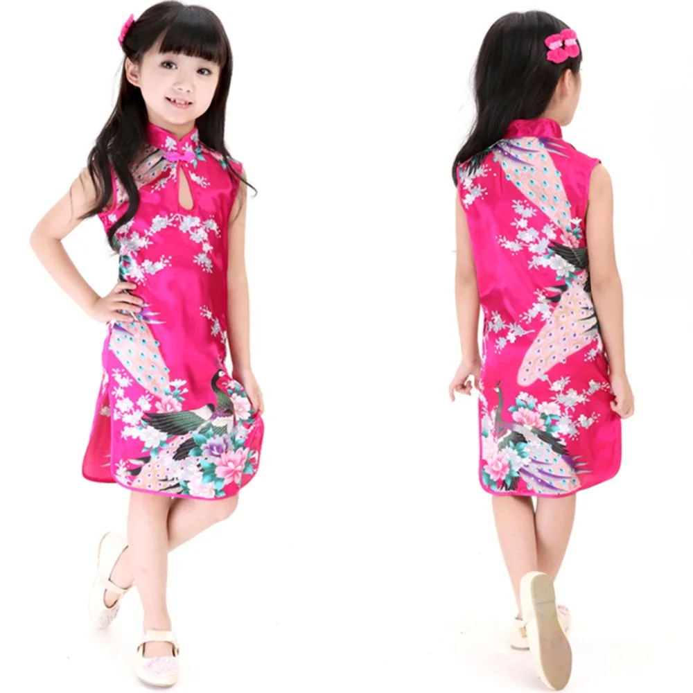 2Y-8Y Baby Girl Dress Peacock Sleeveless Slim Traditional Dress Cheongsam Girls Clothes Chinese Style Qipao baby chinese dress 2Y-8Y Baby Girl Dress Peacock Sleeveless Slim Traditional Dress Cheongsam Girls Clothes Chinese Style Qipao baby chinese dress