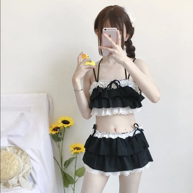 New Arrival Woman Lolita Bikini Cosplay Pink And Black Color Swimsuit Hollowed Multilayer Hem Biquini Women Swimsuit Free Delive New Arrival Woman Lolita Bikini Cosplay Pink And Black Color Swimsuit Hollowed Multilayer Hem Biquini Women Swimsuit Free Delive