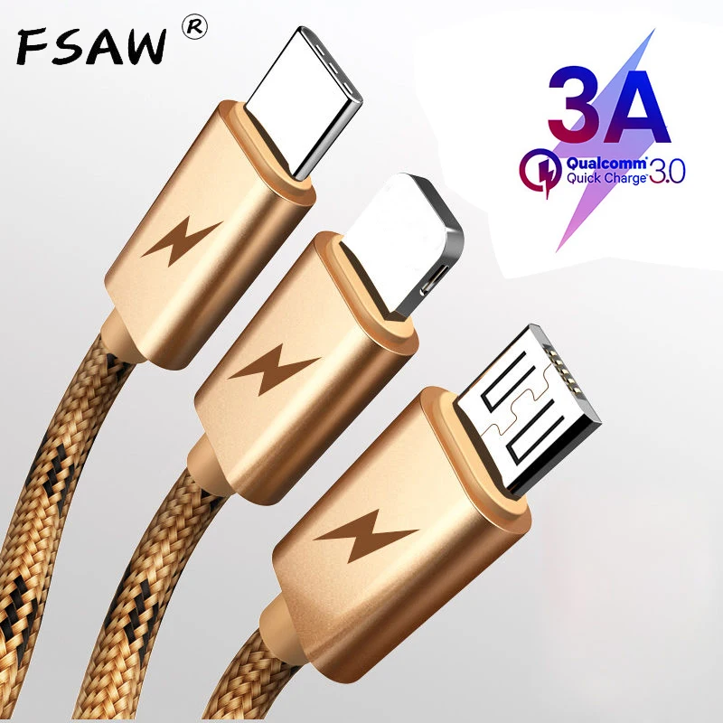FSAW 3in1 Micro USB Cable for iPhone X 8 7 6 Cable Micro USB Type C Cable for Samsung S9 S8 Fast Charging Cable 3A Charger Cord
FSAW 3in1 Micro USB Cable for iPhone X 8 7 6 Cable Micro USB Type C Cable for Samsung S9 S8 Fast Charging Cable 3A Charger Cord