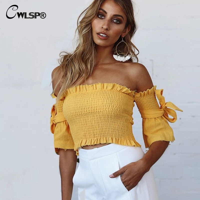 CWLSP 2 Colors Summer Ruched Tube tops Lettuce-Edge Bow Tie Half Ruffle Sleeve Crop tops Women T shirt camiseta feminina QL3359
CWLSP 2 Colors Summer Ruched Tube tops Lettuce-Edge Bow Tie Half Ruffle Sleeve Crop tops Women T shirt camiseta feminina QL3359