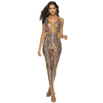 Backless Sexy Sequin Jumpsuit Women Halter Sleeveless Rompers Women Long Jumpsuit Striped Sequined Club Party Overalls 
Backless Sexy Sequin Jumpsuit Women Halter Sleeveless Rompers Women Long Jumpsuit Striped Sequined Club Party Overalls