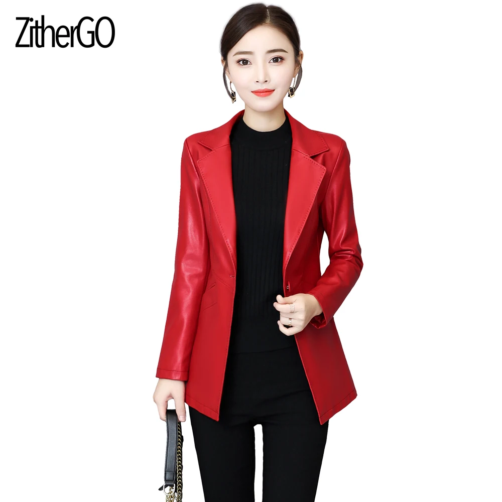 ZitherGo Fashion Women Faux Leather Blazer Woman Large lapel Slim Jacket Red Color Formal Suits Female Work Leather Coats
ZitherGo Fashion Women Faux Leather Blazer Woman Large lapel Slim Jacket Red Color Formal Suits Female Work Leather Coats