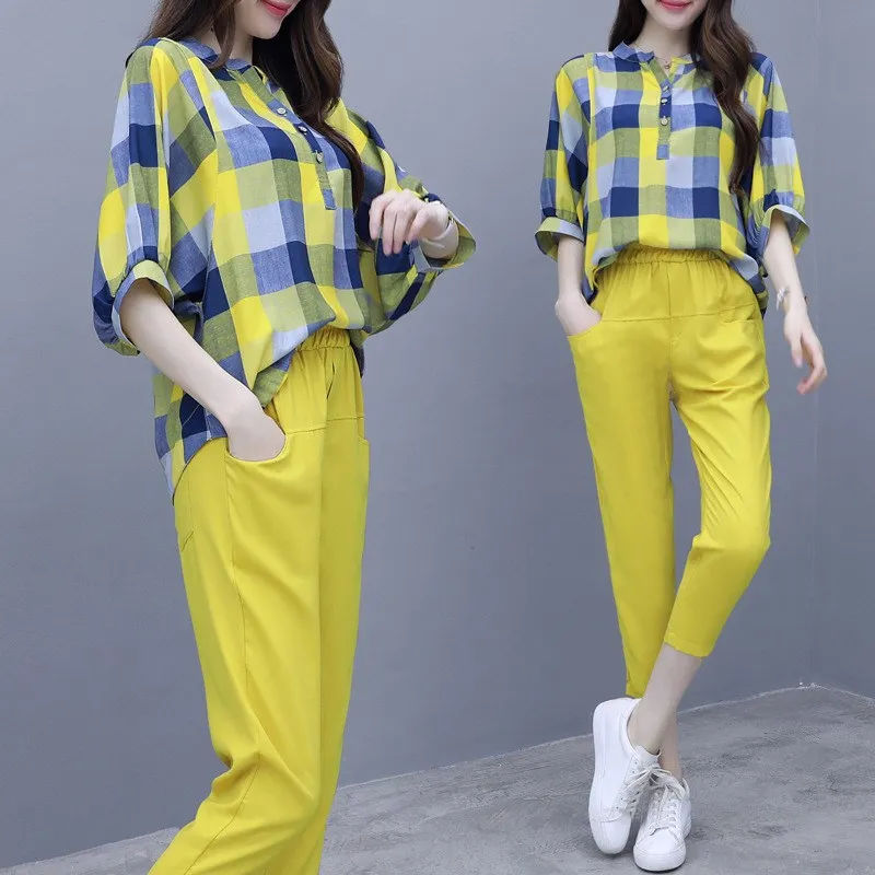 Yellow Two Pieces Summer Set Ladies Plaid Blouses Shirts Pants Suits Plus Size Plaid Tops Linen Tracksuit
Yellow Two Pieces Summer Set Ladies Plaid Blouses Shirts Pants Suits Plus Size Plaid Tops Linen Tracksuit