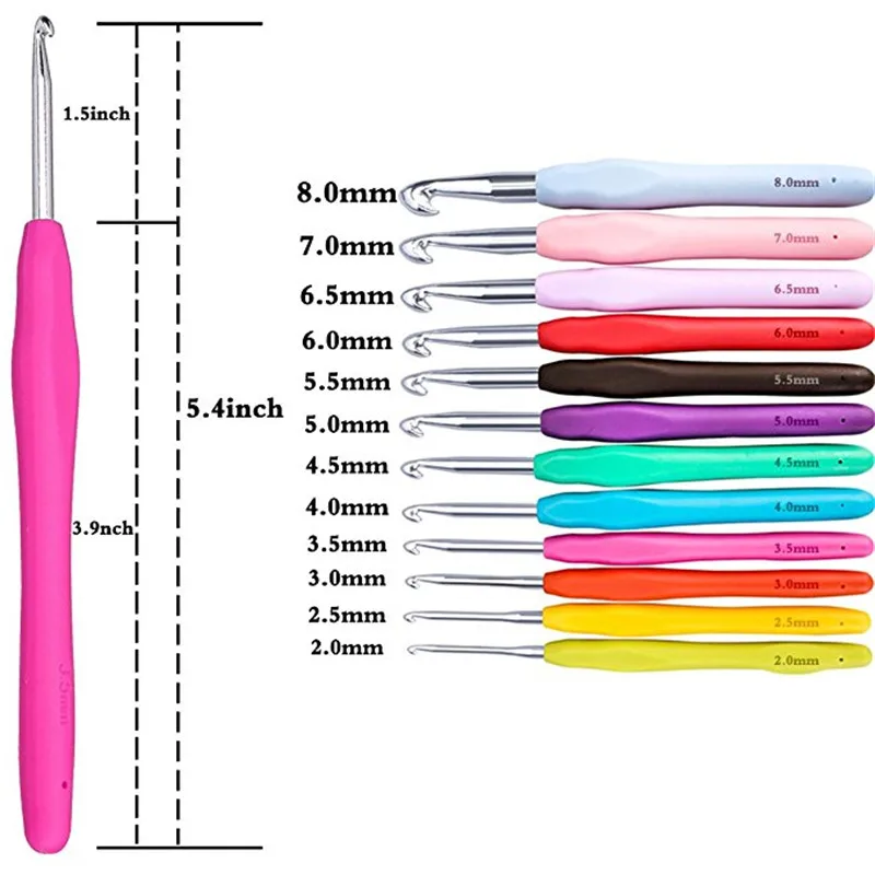 12pcs Crochet Hooks Set Ergonomic Multicolor 2.0-8.0mm Knitting Needles Soft Rubber Handle Crochet Needles For Any Yarn Weave (9)