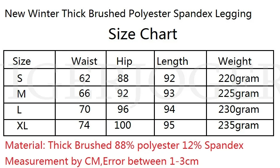 Winter Thick Brushed Polyester Legging size Chart