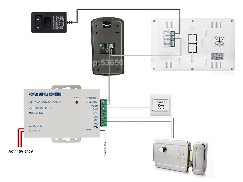 Système d'interphone de sonnette de téléphone de porte vidéo d'écran de 7 "+ serrure électrique + caméra de volet d'alunimum + alimentation + sortie de porte + porte-clés d'identification 23