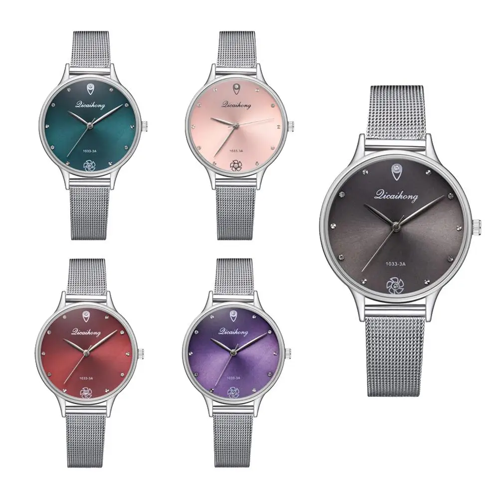 Bluelans Fashion Women No Number Floral Round Dial Analog Mesh Band Quartz Wrist Watch