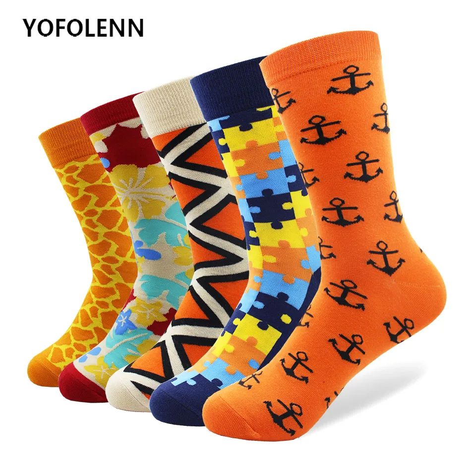 

5 Pairs/Lot Colorful Men's Funny Socks Combed Cotton High Quality with Puzzle Anchor Leopard Pattern Long Cool Crew Happy Socks