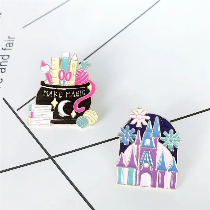 Cartoon Creative MAKE MAGIC Brooches for Women Rainbow Magic Stationery Box Pins Colorful Castle Enamel Pin Denim Collar Badge
Cartoon Creative MAKE MAGIC Brooches for Women Rainbow Magic Stationery Box Pins Colorful Castle Enamel Pin Denim Collar Badge