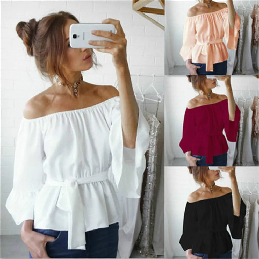 Fashion Women's blouse High Street Chiffon Sashes Slash neck Solid Long Flare Sleeve Blouse Ladies Summer Shirt Loose Casual Top
Fashion Women's blouse High Street Chiffon Sashes Slash neck Solid Long Flare Sleeve Blouse Ladies Summer Shirt Loose Casual Top