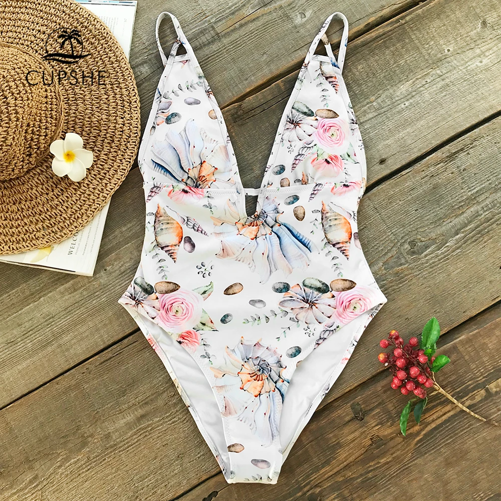 

CUPSHE Conch And Flora Print High Leg Cut One-Piece Swimwear Women Deep V-neck Backless Monokini 2019 Beach Girl Sexy Swimsuits