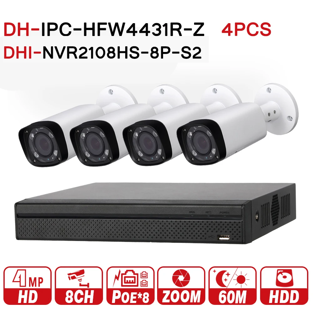 

DH NVR Security CCTV Camera Kits original NVR NVR2108HS-8P-S2 OEM IP Camera IPC-HFW4431R-Z Motor Zoom Camera Surveillance System