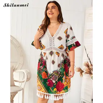 Plus Size Folk Style Mini Beach Sundress Cover Up For Women Deep V Neck Short Sleeve Tassel Female Causal Summer Floral Dresses
Plus Size Folk Style Mini Beach Sundress Cover Up For Women Deep V Neck Short Sleeve Tassel Female Causal Summer Floral Dresses