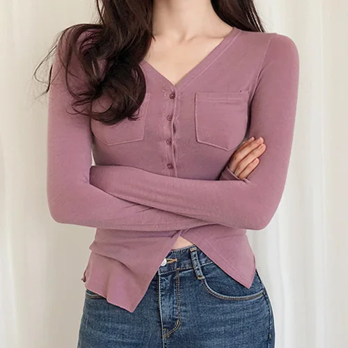 2018 New Autumn T Shirt Women Basic T-shirts Female Casual Tops Long Sleeve Sexy Thin T-shirt buttons v-neck pink cardigan
2018 New Autumn T Shirt Women Basic T-shirts Female Casual Tops Long Sleeve Sexy Thin T-shirt buttons v-neck pink cardigan