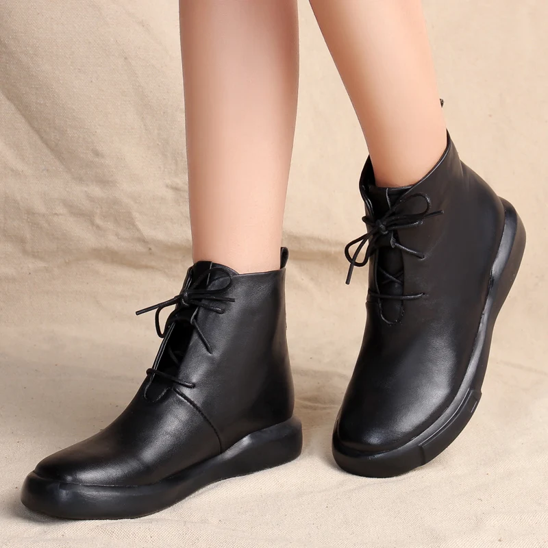 Dumoo Brand Full Leather Boots Shoes Woman Pure Handmade Ankle Women Boots Short Boots Flat Shoes Lace Up Winter Boots Fur Sales