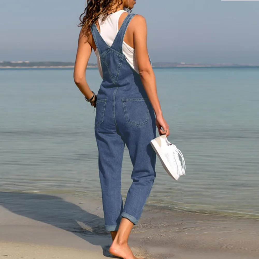 

Denim Blue Women Overalls Jumpsuit Rompers Belted Hole Hollow Out Pocket Lady Overall Fashion Female Pants Jumpsuit youyedian #3