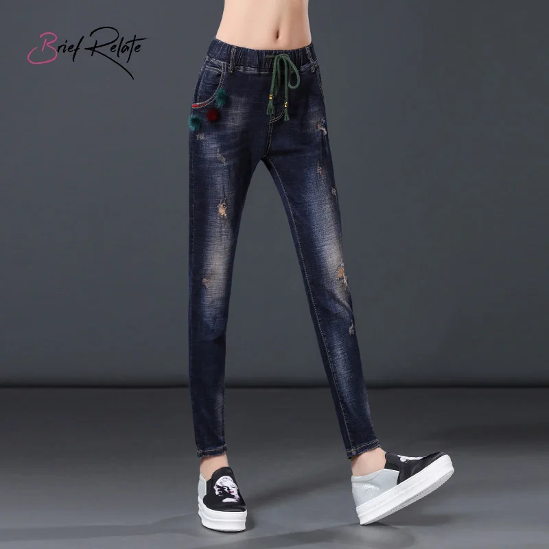 Brief Relate Slim Denim Band Jeans Woman Ninth-length Pants Mid-waist Bleached Holes Elastic Durable Embroidery Casual Washed
Brief Relate Slim Denim Band Jeans Woman Ninth-length Pants Mid-waist Bleached Holes Elastic Durable Embroidery Casual Washed