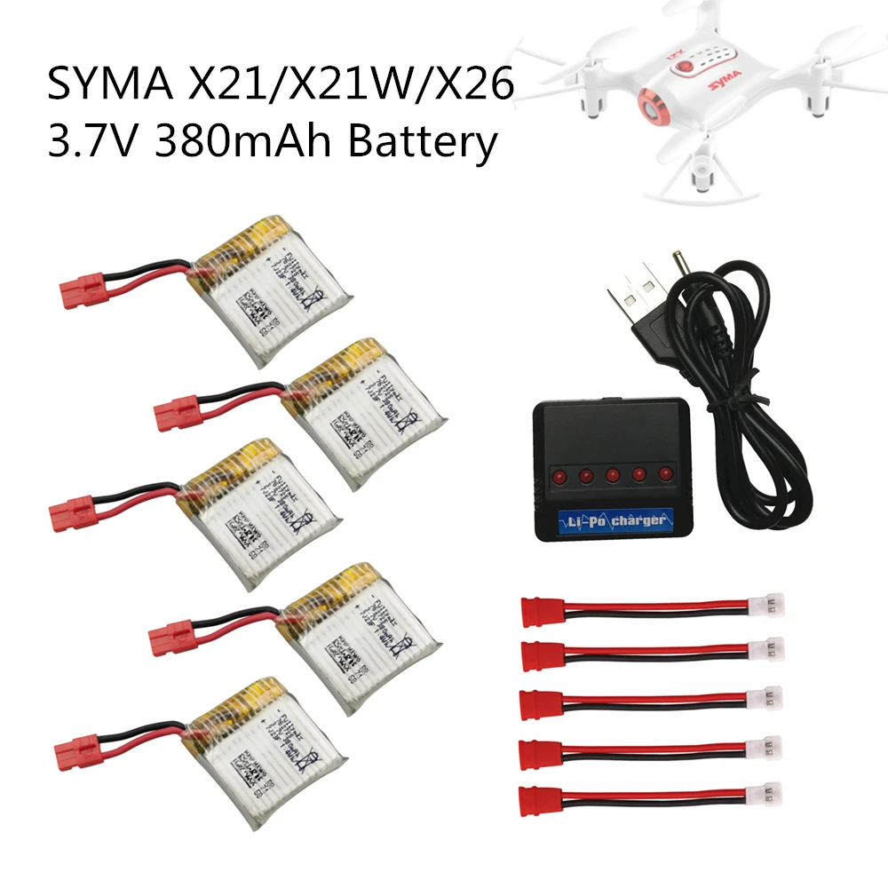 5PCS 3.7V 380mAh Lipo Battery with 5-in-1 Charger For SYMA X21 X21W x26 Drone Battery RC Quadcopter Spare Parts Accessories
5PCS 3.7V 380mAh Lipo Battery with 5-in-1 Charger For SYMA X21 X21W x26 Drone Battery RC Quadcopter Spare Parts Accessories
