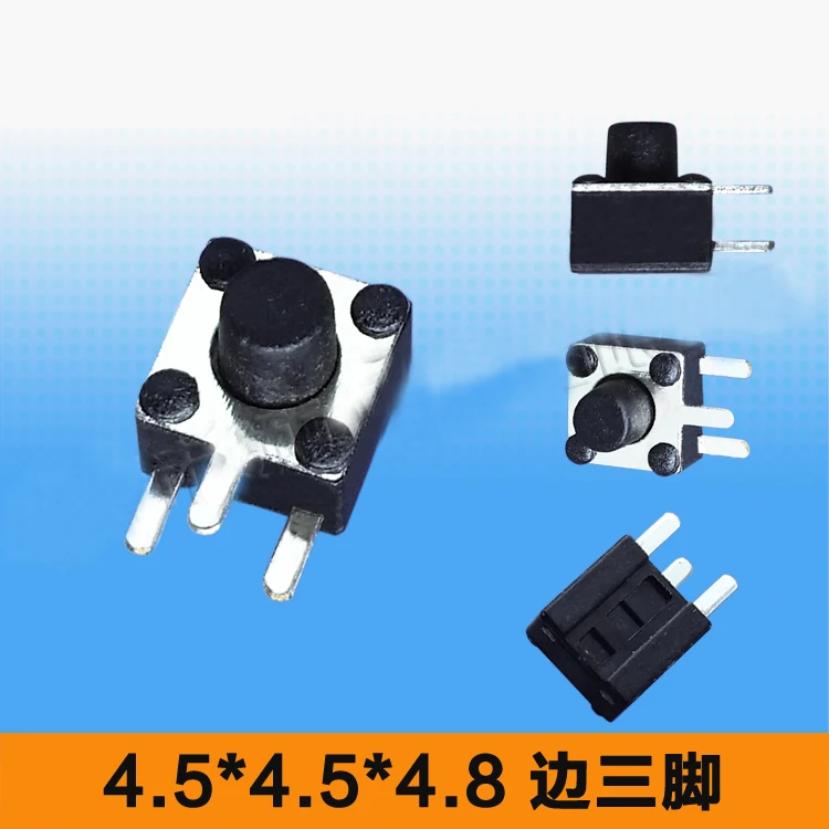 4.5*4.5*4.8/4.5/4.3/4/3.8mm 3 Side Pins SMT Brass Side Mini Button Power Switch SMD Wholesale Touch Tact Switch Black
4.5*4.5*4.8/4.5/4.3/4/3.8mm 3 Side Pins SMT Brass Side Mini Button Power Switch SMD Wholesale Touch Tact Switch Black