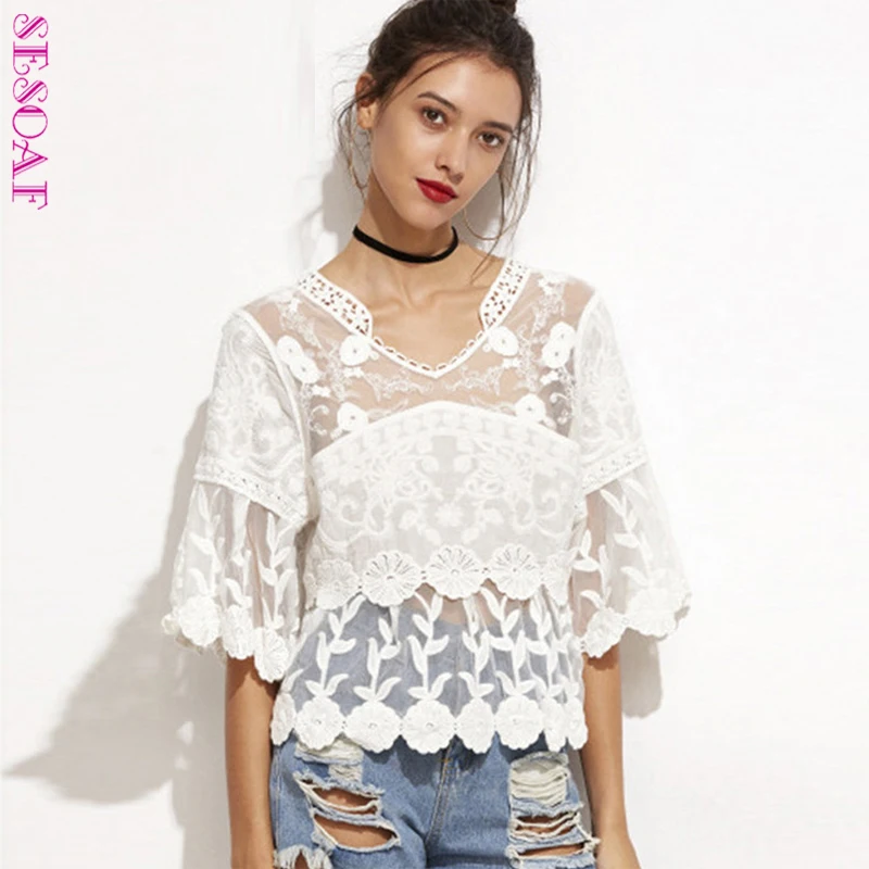 Chic Embroidered Flower Patchwork Hollow Out Crochet Lace Top V-Neck Flare Sleeve Loose Blouse Boho Tops Blusas
Chic Embroidered Flower Patchwork Hollow Out Crochet Lace Top V-Neck Flare Sleeve Loose Blouse Boho Tops Blusas