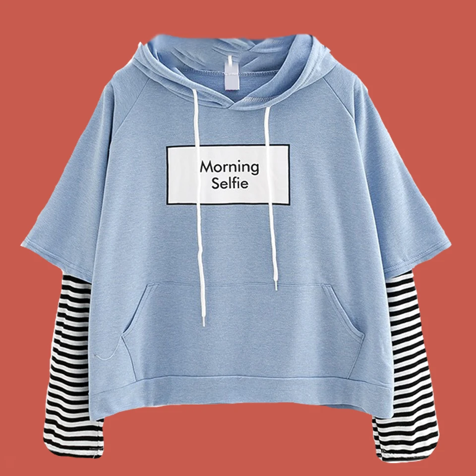 Fake Two Pieces Hoodie Striped Raglan Sleeve Sweatshirt Poleron Mujer 2019 Cute Korean Clothes Thin Hoodie Letters Women Morning
Fake Two Pieces Hoodie Striped Raglan Sleeve Sweatshirt Poleron Mujer 2019 Cute Korean Clothes Thin Hoodie Letters Women Morning